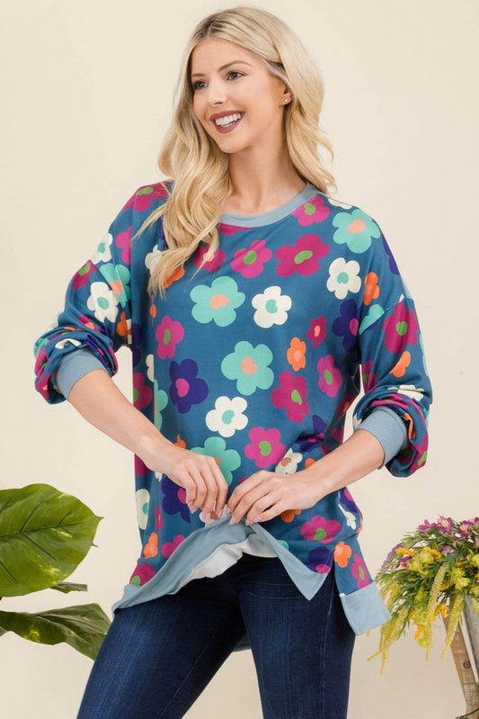 Celeste Full Size Side Slit Flower Print Long Sleeve Top - Rosa Apparel
