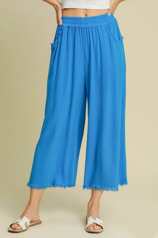 Umgee Full Size Linen Blend Elastic Waistband Wide Leg Pants Plus Size - Rosa Apparel