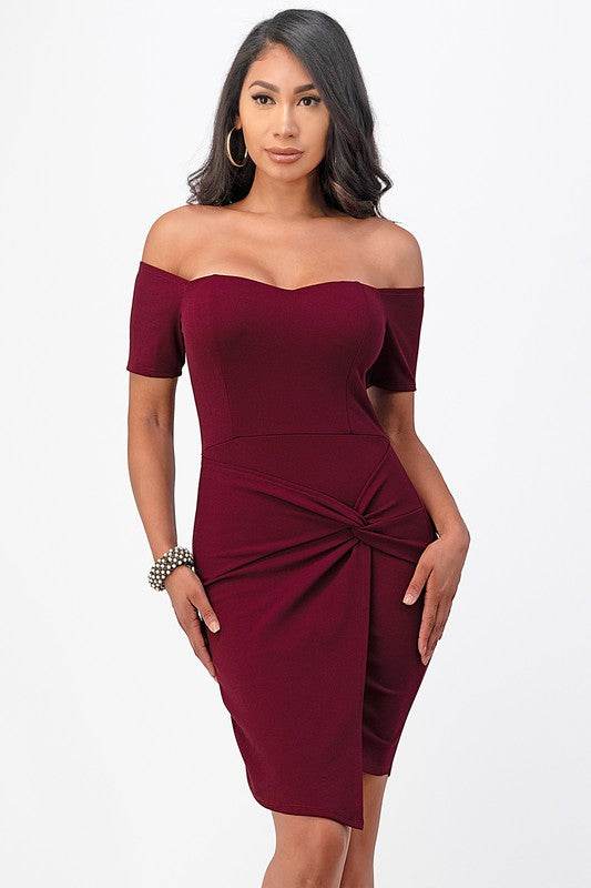 La Scala Off The Shoulder Front Twist Bodycon Dress - Rosa Apparel