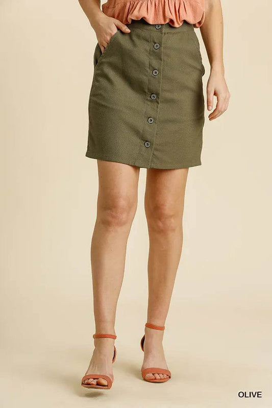 Umgee Linen Blend Button Down Skirt with Pockets - Rosa Apparel