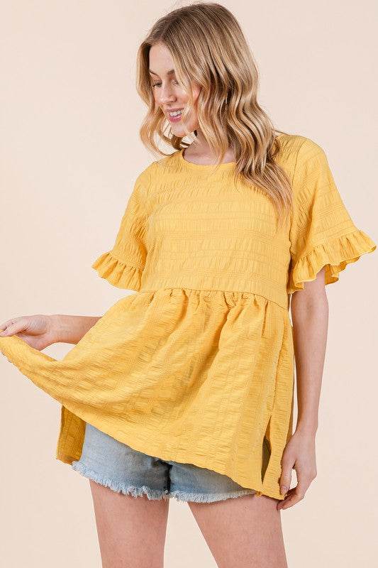 Orange Farm Textured Ruffle Sleeve Round Neck Woven Tunic Top - Rosa Apparel