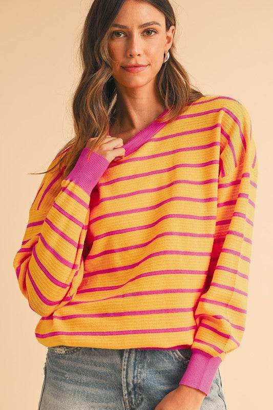 Shewin Stripe Round Neck Drop Shoulder Loose Sweater - Rosa Apparel