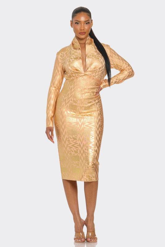 Athina Metallic Zigzag Holiday Bandage Midi Dress - Rosa Apparel