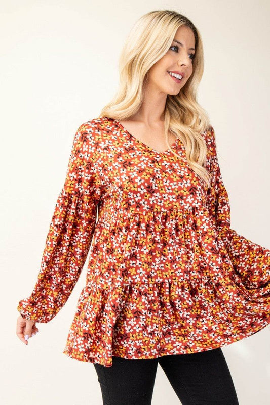 Celeste Full Size Floral V-Neck Balloon Sleeve Blouse - Rosa Apparel