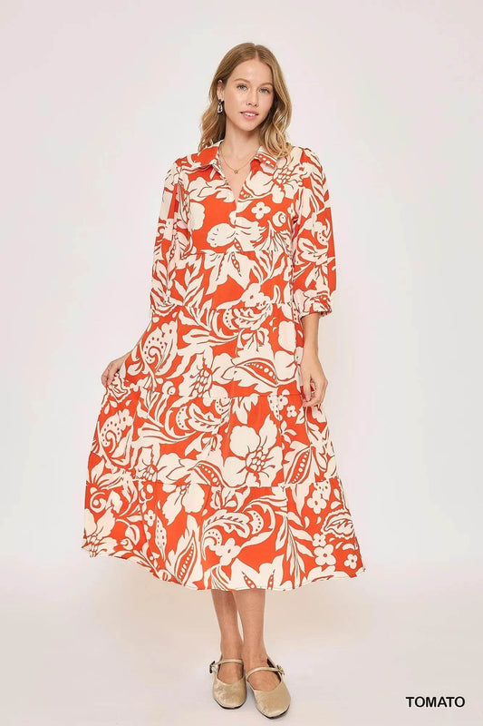 Umgee Floral Print Tiered Midi Dress - Rosa Apparel
