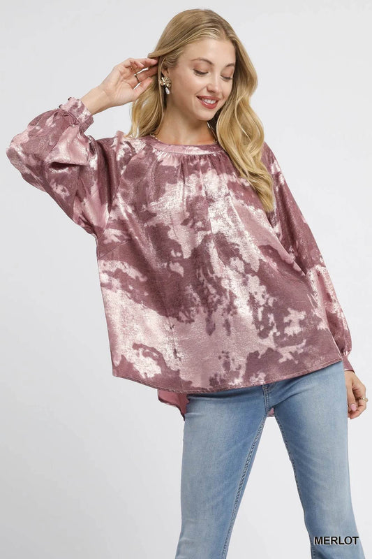 Umgee Metallic Fabric Blouse with Balloon Sleeves - Rosa Apparel
