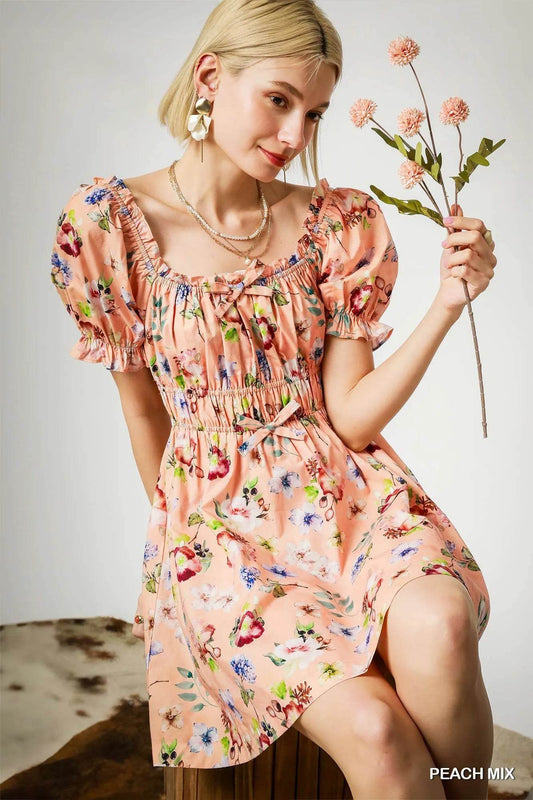 Umgee Floral Print Puff Sleeve Mini Dress - Rosa Apparel