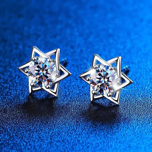925 Sterling Silver Shinny Hexagram Moissanite Diamond Stud Earrings - Rosa Apparel