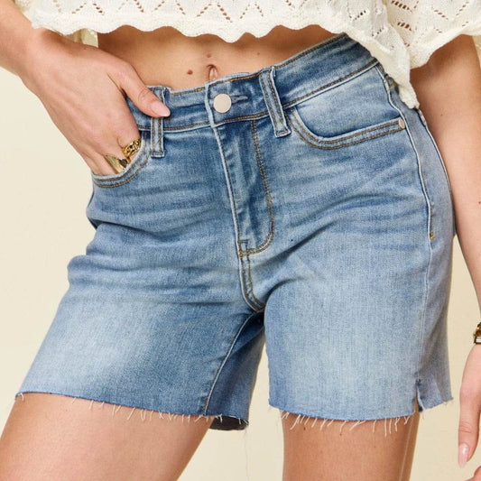 Judy Blue Full Size High Waist Raw Hem Denim Casual Jean Shorts Style #: 15251 - Rosa Apparel