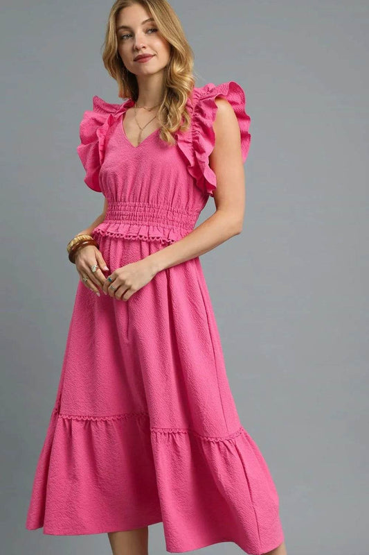 Umgee V-Neck Ruffled Cap Sleeve Midi Dress - Rosa Apparel