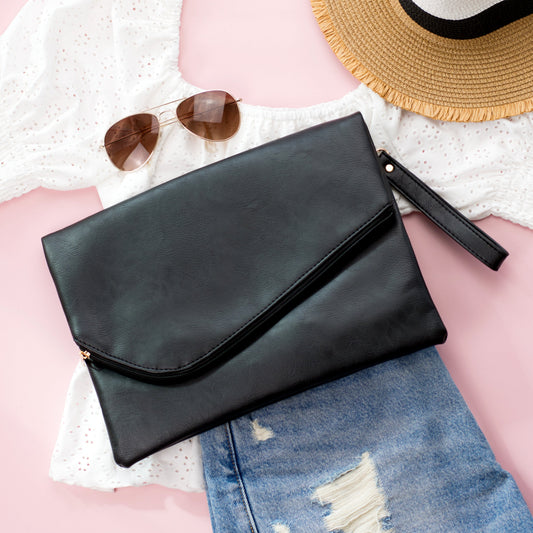 Aili’s Foldover Envelope Clutch Oversized Vegan Leather Wristlet Bag