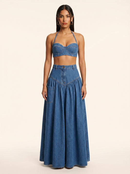 Athina Denim Two-Piece Wide-Leg Pant Set with Halter Bustier Top