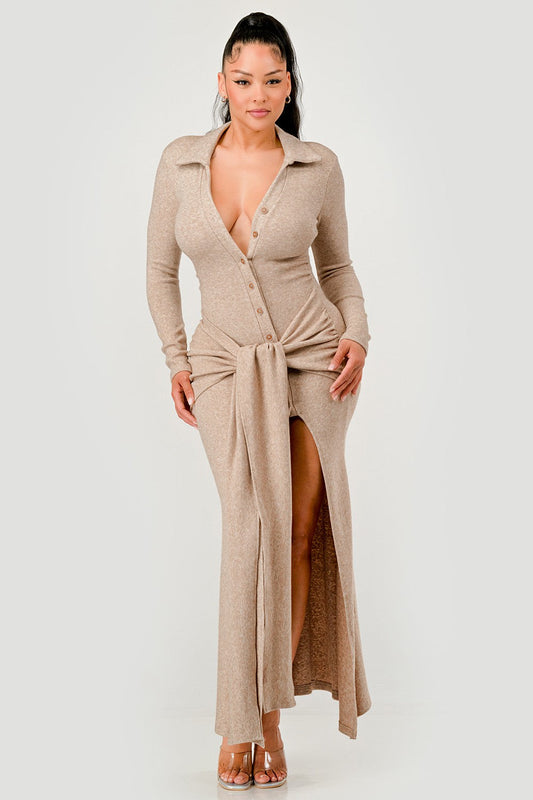 Athina Knit Collar Tie Front Maxi Dress in Mocha Melange