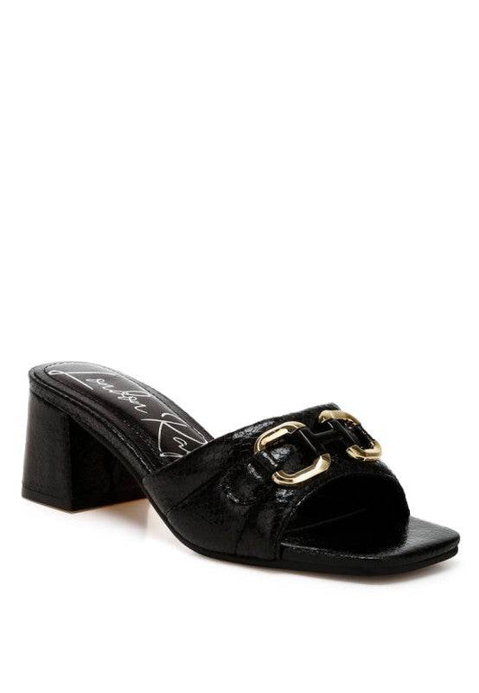 Bellamy Horsebit Detail Snake Print Sandals – Women’s Low Block Heel Sandals by Rosa Apparel - Rosa Apparel