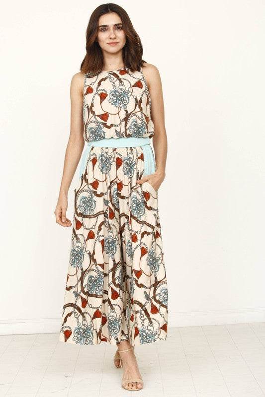 Blouson Chain Tassel Print Cropped Jumpsuit - Rosa Apparel