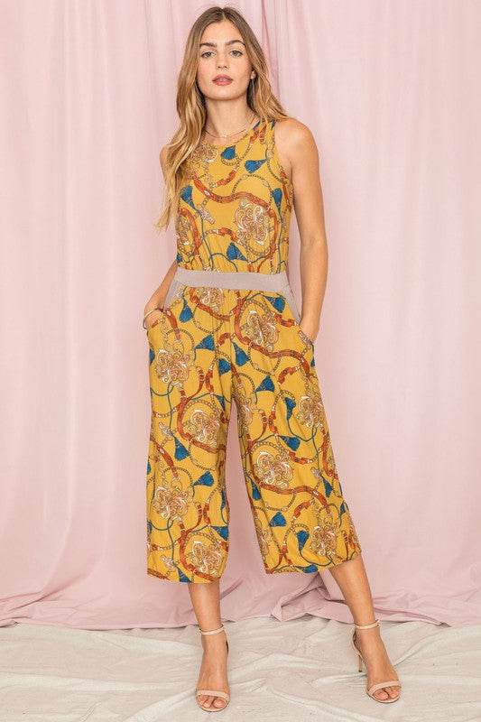 Blouson Chain Tassel Print Cropped Jumpsuit - Rosa Apparel