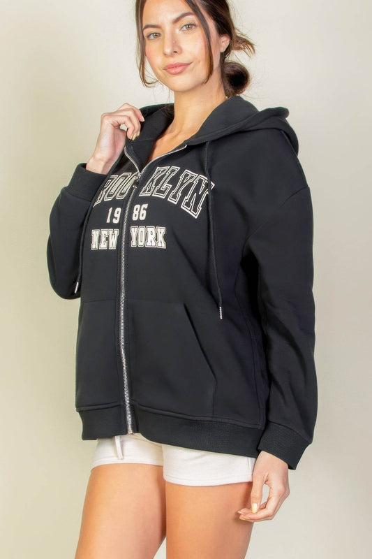 Brooklyn New York Graphic Drop Shoulder Zipper Up Hoodie - Rosa Apparel
