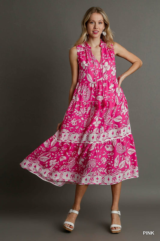 Two Tone Floral Paisley Sleeveless Midi Dress - Rosa Apparel