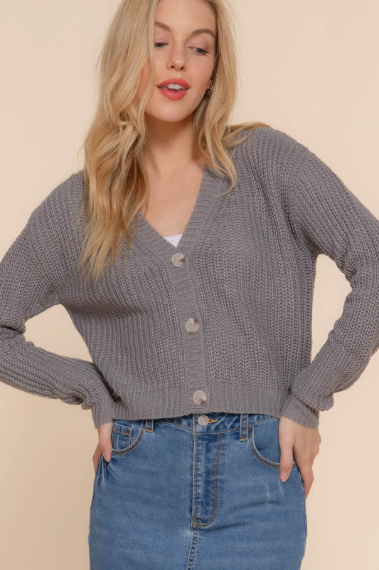Long Sleeve Button V-neck Cardigan - Rosa Apparel