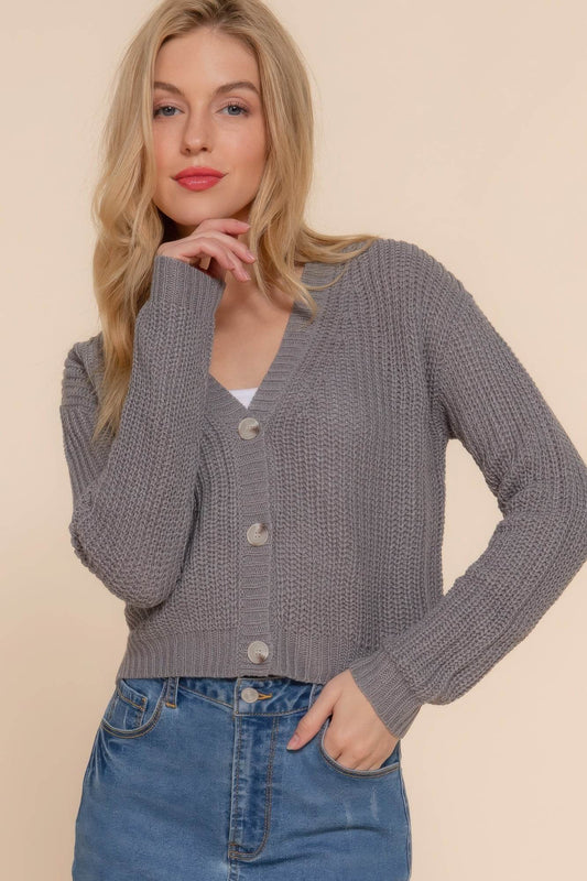 Long Sleeve Button V-neck Cardigan - Rosa Apparel