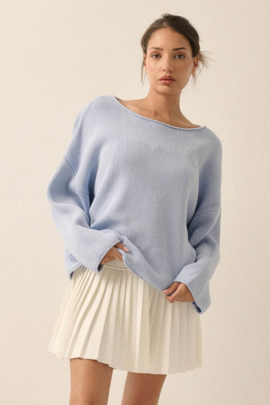 Solid Rib-knit Oversized Boatneck Sweater - Rosa Apparel