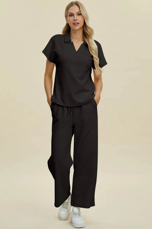 Double Take Full Size Collared Neck Short Sleeve Top and Pants Set - Rosa Apparel