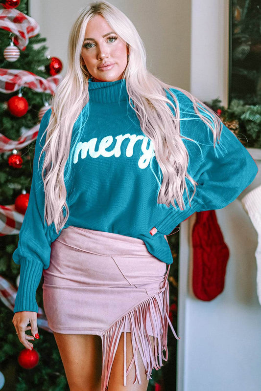 Double Take Full Size Merry Christmas Turtleneck Long Sleeve Sweater - Rosa Apparel