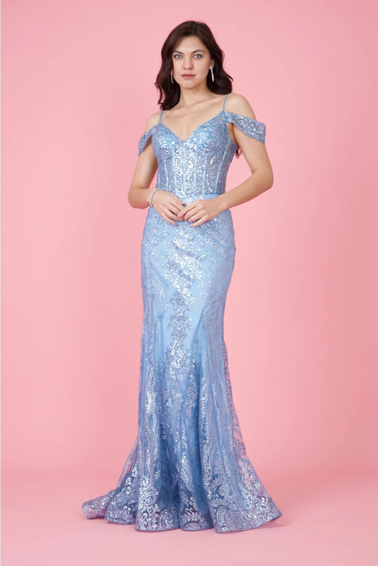 Dylan & Davids Off Shoulder Sequin Corset Formal Dress DD1354