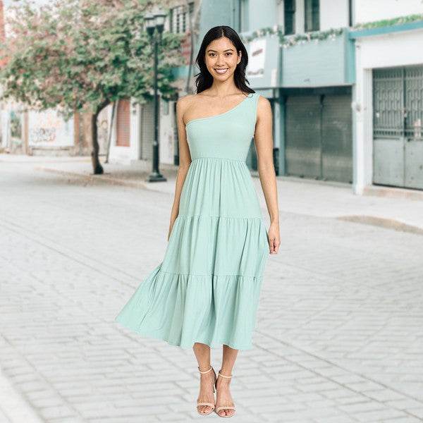 Elegant One Shoulder Ruffle Midi Dress by EG Fashion - Rosa Apparel Beige / M Elegant One Shoulder Ruffle Midi Dress by EG Fashion - Rosa Apparel Beige / M