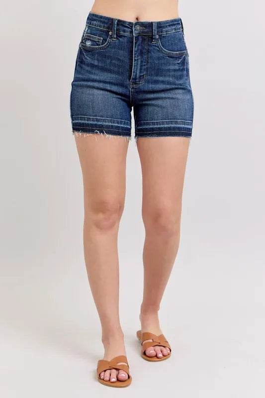 Judy Blue Full Size High Waist Tummy Control Destroy Release Hem Denim Shorts Plus Size - Rosa Apparel