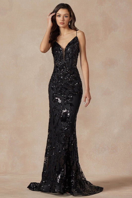 Juliet Fitted Sequin Print Deep V-Neck Gown 2411 - Rosa Apparel
