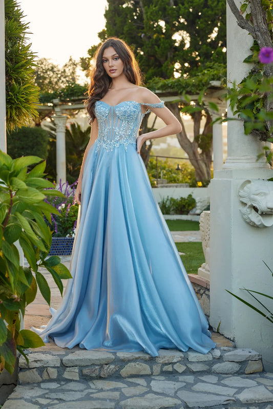 Juliet Liquid Satin A-Line Gown with Structured Corset and Floral Waistband JT2639G Dusty Blue