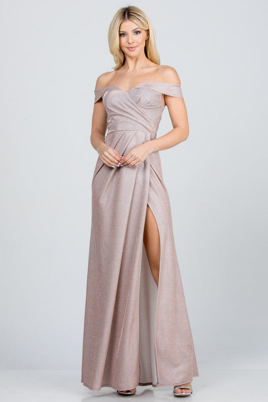 LA SCALA Off Shoulder Glitter Jacquard Evening Gown 25854