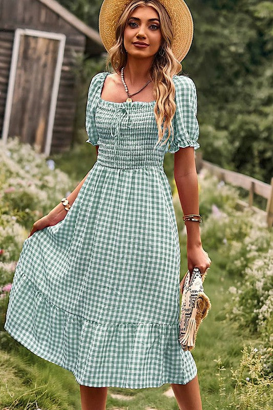 Miss Sparkling Gingham Square Neck Midi Dress