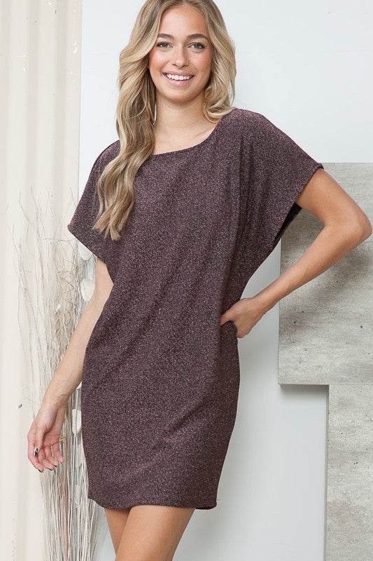 Orange Farm Lurex Low V Back Round Neck Loose Fit Mini Dress - Rosa Apparel MAUVE / XL Orange Farm Lurex Low V Back Round Neck Loose Fit Mini Dress - Rosa Apparel MAUVE / XL