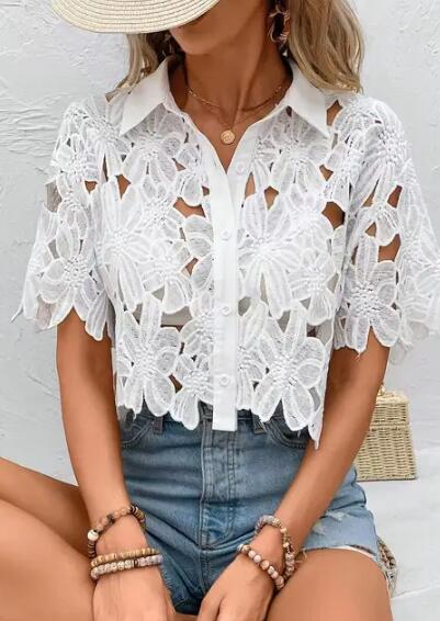 Miss Sparkling Cut-Out Cropped Lace Button Shirt