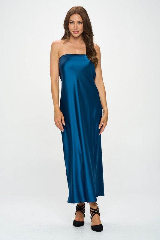 renee c satin dress Solid Satin One Shoulder Midi Dress with Slit
