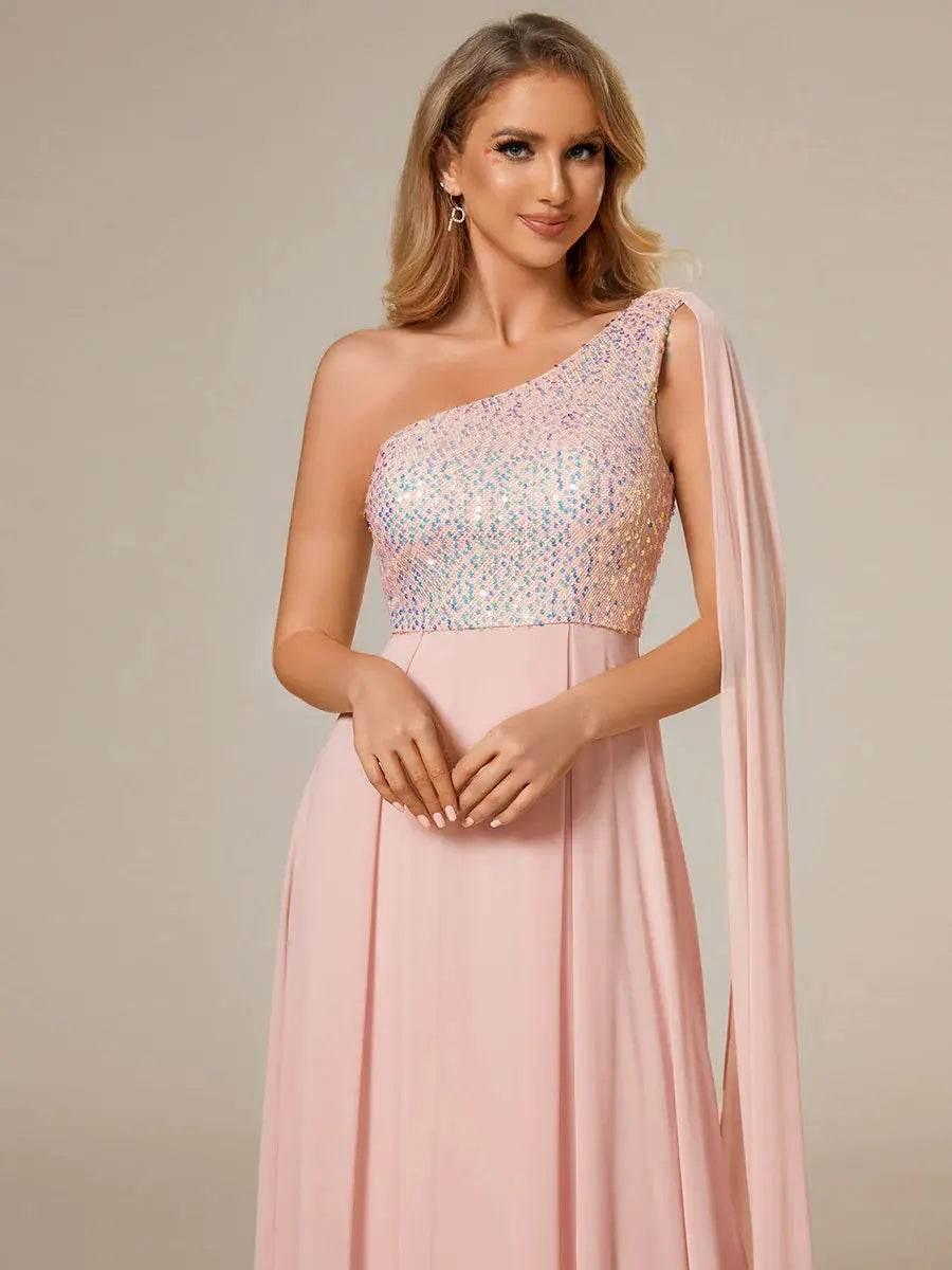 Shiny Sequin Chiffon One Shoulder Sleeveless Dresses - Rosa Apparel Shiny Sequin Chiffon One Shoulder Sleeveless Dresses - Rosa Apparel