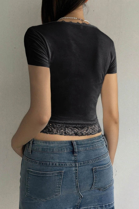 Square Neck Lace Trim High Waist Baby Tee - Rosa Apparel