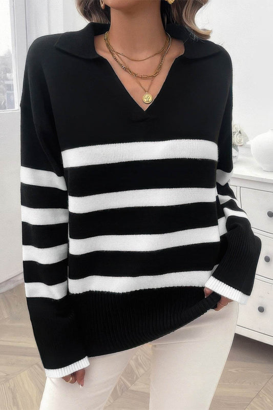 V-Neck Drop Shoulder Strip Knit Loose Sweater - Rosa Apparel