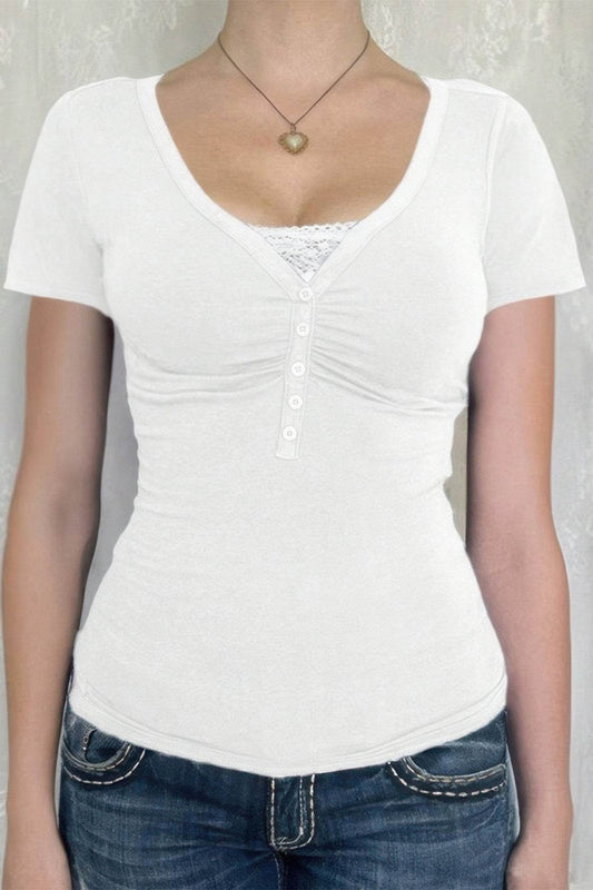 V-Neck Solid Lace Splicing Button Fitted Shirt - Rosa Apparel