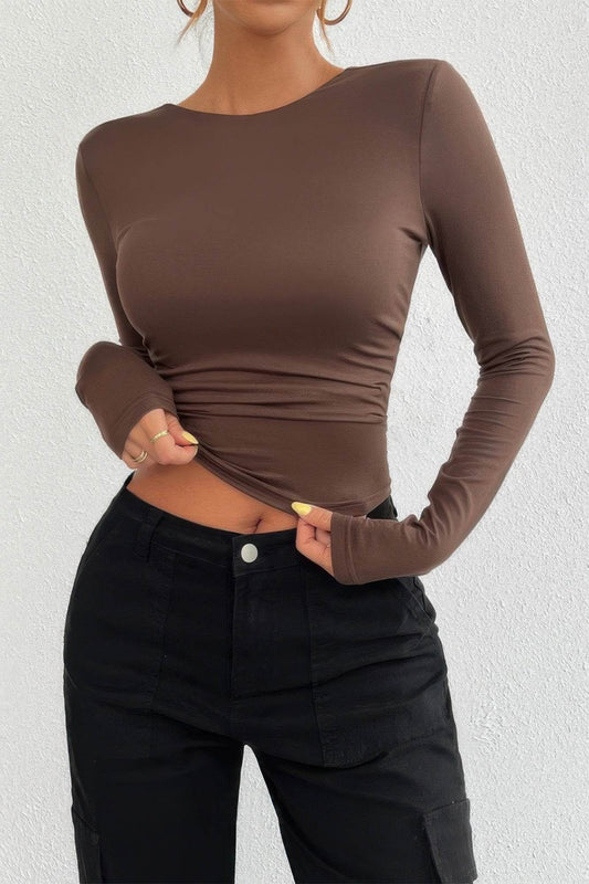 Plain Long Sleeve Open Back Slim Fit Top - Rosa Apparel