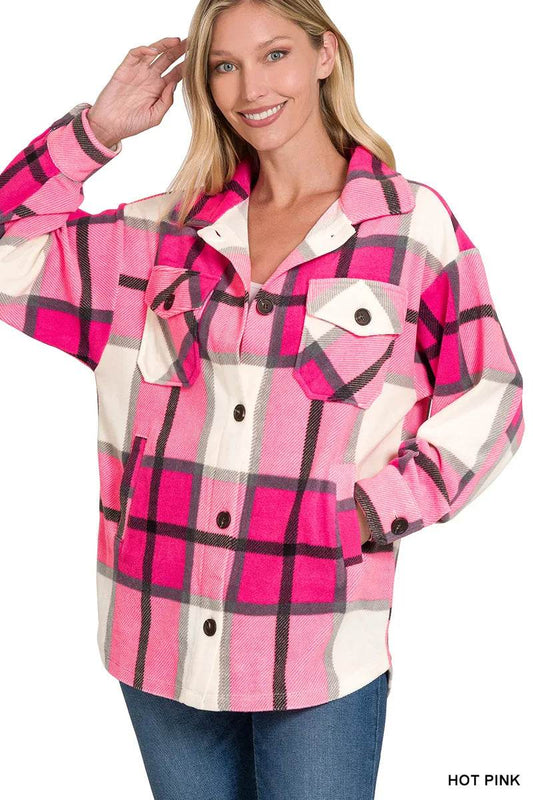 Zenana Oversized Plaid Fleece Hot Pink Shacket - Rosa Apparel