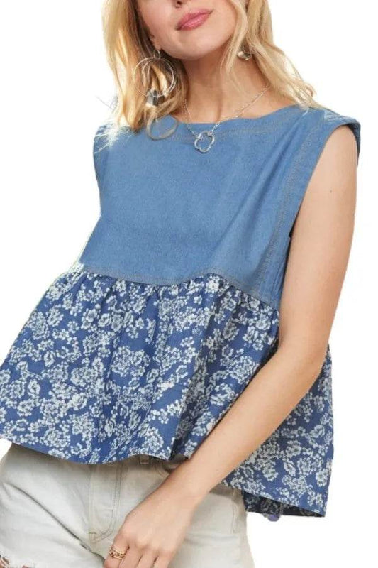 ADORA Sleeveless Denim Contrast Top - Rosa Apparel