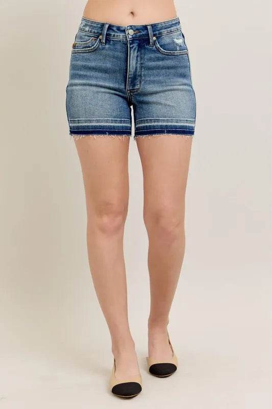 Judy Blue Full Size Mr Tummy Control Vintage Wash Release Hem Shorts Plus Size - Rosa Apparel