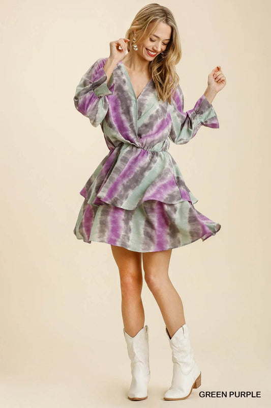 Umgee Tie Dye Ruffled Layered Dress with Elastic Waistband - Rosa Apparel