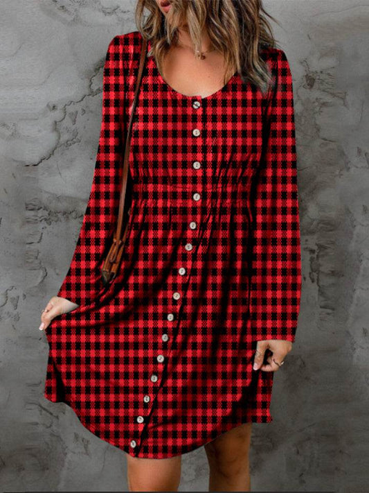 Double Take Full Size Plaid Round Neck Long Sleeve Magic Dress - Rosa Apparel