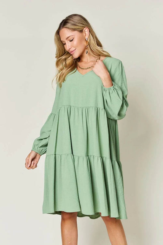Double Take Full Size V-Neck Balloon Sleeve Tiered Dress with Pockets - Rosa Apparel