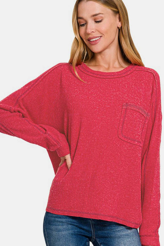 Zenana Full Size Contrast Stitching Brushed Ribbed Hacci Knit Top - Rosa Apparel