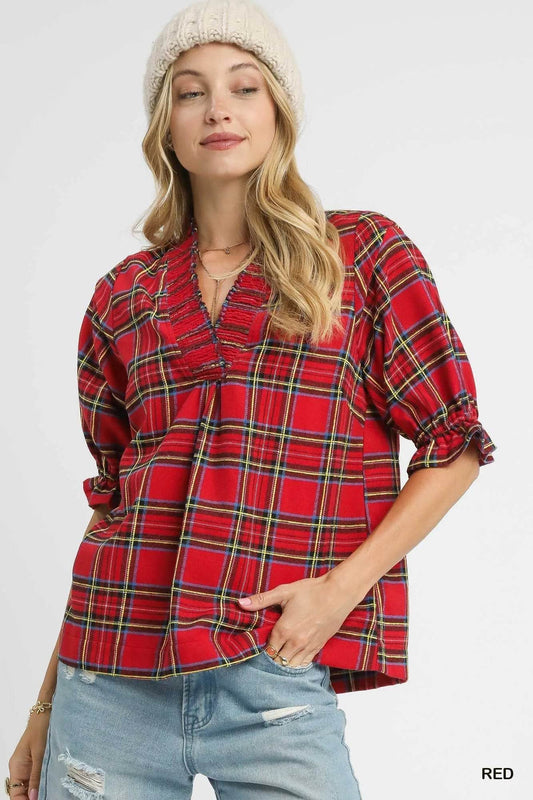 Umgee Plaid Smocked V-Neck Flannel Top - Rosa Apparel